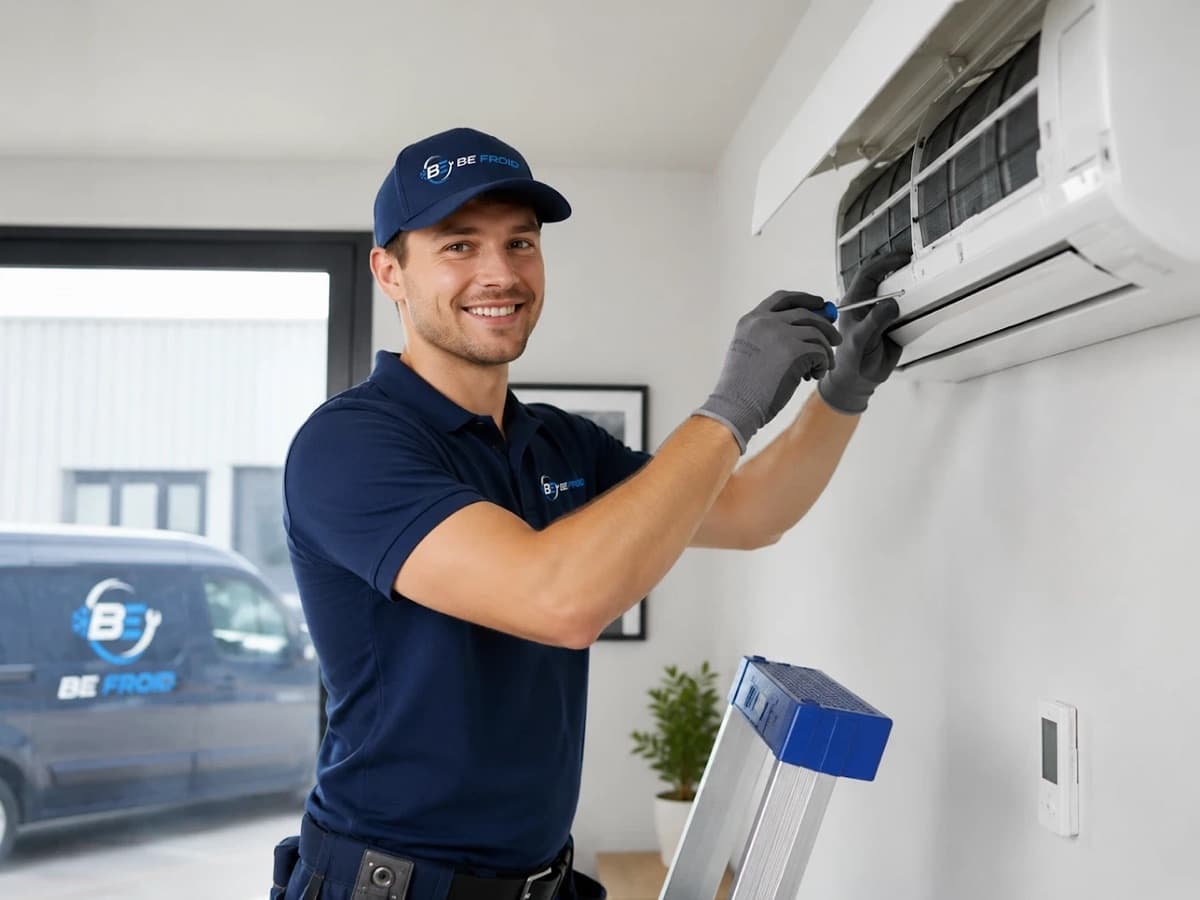 Technicien BE Froid souriant, casquette et polo de l'entreprise, démontant le capot d'une climatisation